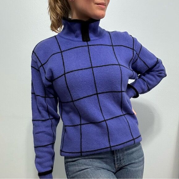 Neiman Marcus Cobalt Blue Window-pain Cashmere Turtleneck Sweater Sz S Bow - Picture 7 of 10